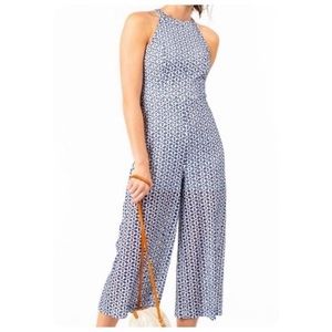 Floral White and Blue Wide Leg Jumpsuit